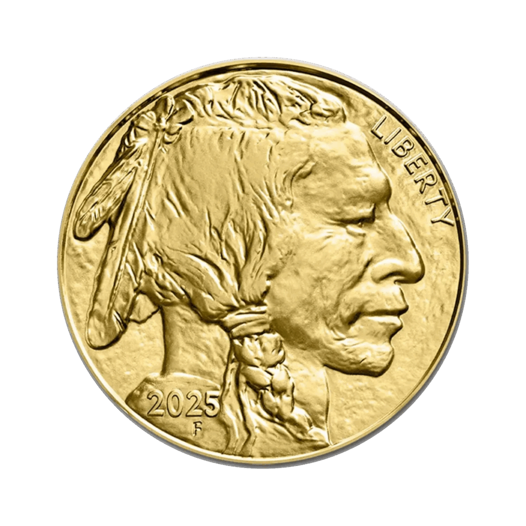 La moneta d'oro da 1 oz Bufalo Americano Oro 2025 mostra il profilo di un nativo americano con capelli intrecciati e piume, la scritta LIBERTY sulla destra e 2025 F in basso a sinistra.