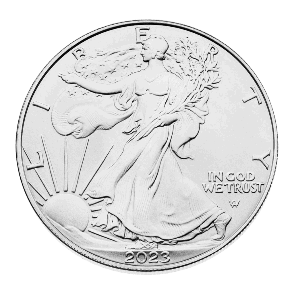 La moneta d'argento American Eagle 2023 mostra Lady Liberty che cammina con un braccio teso, rami in mano, il sole che sorge alle sue spalle e le iscrizioni LIBERTY e IN GOD WE TRUST.