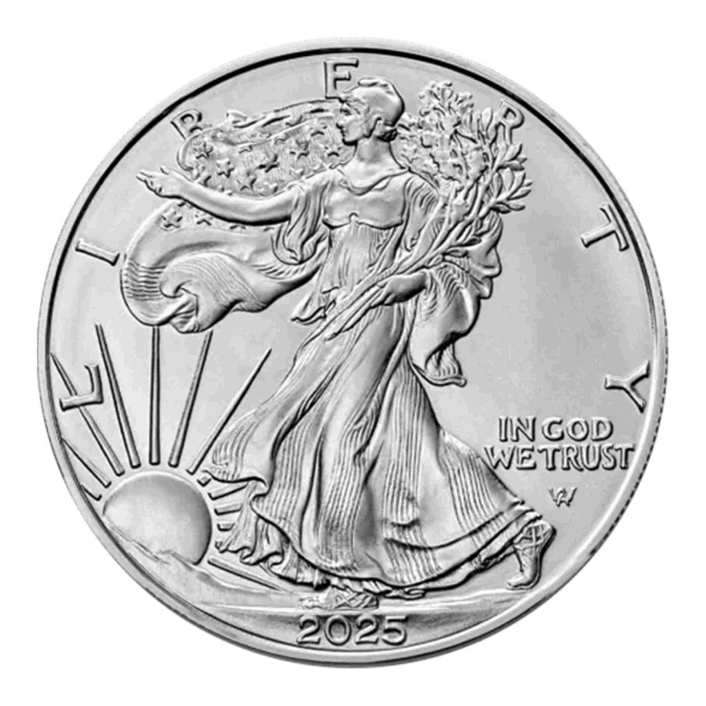 La moneta da 1 oz American Eagle Argento 2025 raffigura Lady Liberty che cammina con un sole nascente e rami, con le scritte LIBERTY e IN GOD WE TRUST.