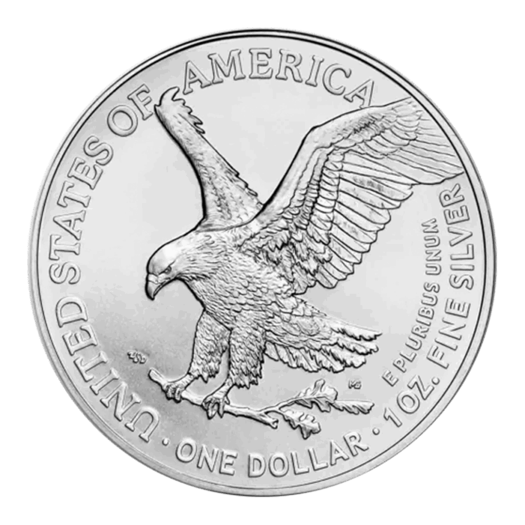L'American Eagle Argento 2025 da 1 oz è una moneta d'argento che raffigura un'aquila ad ali spiegate che tiene un ramo, con il bordo inciso: United States of America, One Dollar, E Pluribus Unum, e 1 oz. Argento fino.