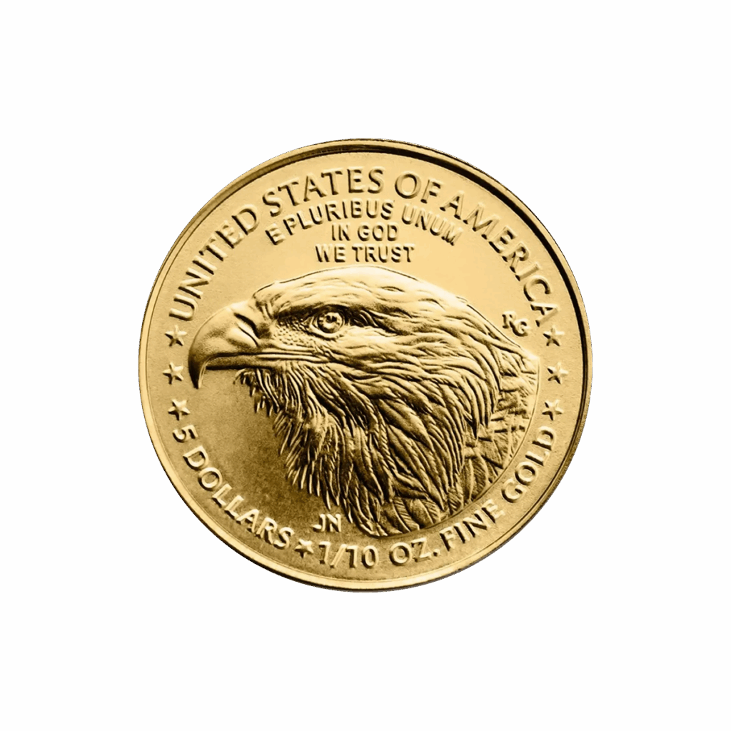 La moneta d'oro American Eagle Oro 2025 da 1/10 oz. presenta la testa di un'aquila calva ed è incisa con United States of America, In God We Trust, E Pluribus Unum, 5 Dollars, e 1/10 oz. Oro fino.