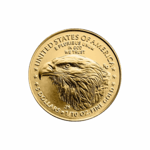 La moneta d'oro American Eagle Oro 2025 da 1/10 oz. presenta la testa di un'aquila calva ed è incisa con United States of America, In God We Trust, E Pluribus Unum, 5 Dollars, e 1/10 oz. Oro fino.