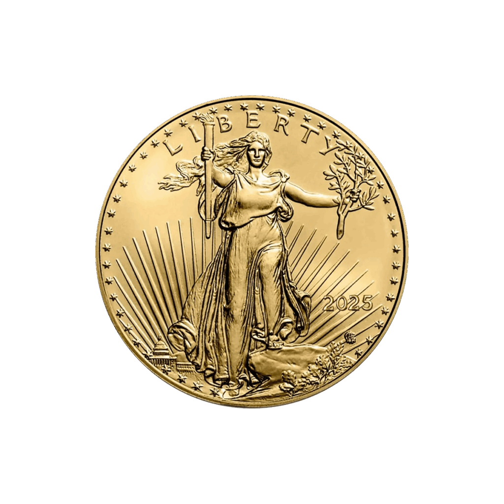 La moneta da 1/10 oz American Eagle Oro 2025 mostra Lady Liberty con una torcia e un ramo d'ulivo, raggi di sole alle sue spalle e "2025" inciso sulla destra.