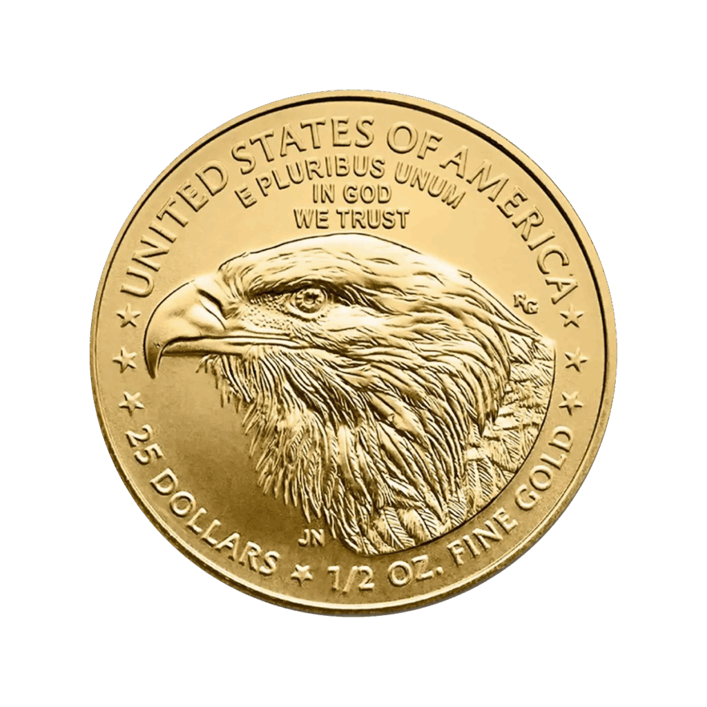 La 1/2 oz Águila Americana Oro 2025 es una moneda de oro con una cabeza de águila calva finamente grabada y las inscripciones UNITED STATES OF AMERICA, E PLURIBUS UNUM, IN GOD WE TRUST, 25 DOLLARS, y 1/2 OZ. ORO FINO.