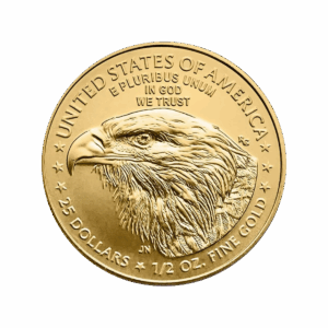 L'American Eagle Oro 2025 da 1/2 oz è una moneta d'oro con il profilo di un'aquila calva e le iscrizioni: UNITED STATES OF AMERICA, E PLURIBUS UNUM, IN GOD WE TRUST, 25 DOLLARS e 1/2 OZ. ORO FINE.