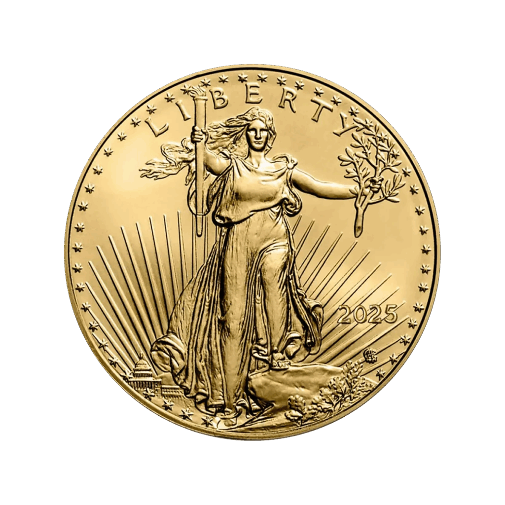 La moneda de oro de 1/2 oz Águila Americana Oro 2025 muestra a la Dama de la Libertad con una antorcha y una rama de olivo, rayos detrás de ella, "LIBERTY" arriba y la fecha 2025 en la parte inferior derecha.