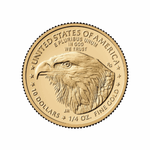 L'American Eagle Oro 2025 da 1/4 di oz. è una moneta d'oro con una dettagliata testa di aquila calva e le iscrizioni United States of America, E Pluribus Unum, In God We Trust, e il suo valore, 10 dollari, 1/4 di oz. d'oro fino.