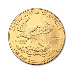 L'American Eagle Oro da 1 oz Anni variabili raffigura un'aquila che atterra vicino a un nido con un'altra aquila e i suoi piccoli, con l'iscrizione "United States of America", "1 oz fine gold~50 dollars" e "In God We Trust".