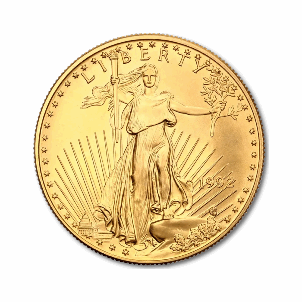 L'American Eagle Oro da 1 oz Anni variabili raffigura Lady Liberty con una fiaccola e un ramo d'ulivo, i raggi del sole sullo sfondo, il Campidoglio degli Stati Uniti in basso, la data a destra e la scritta "LIBERTY" sopra di lei.