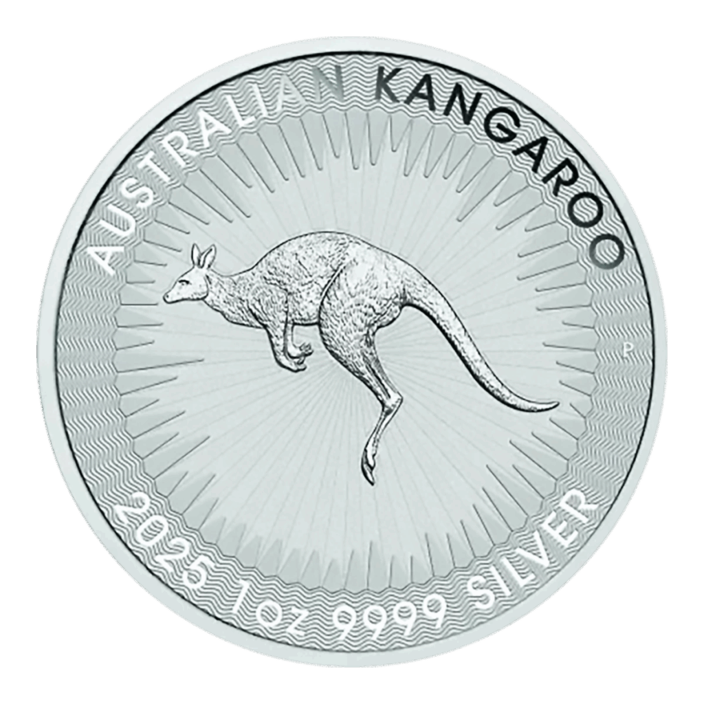 Il Canguro d'Argento 2025 da 1 oz è una moneta d'argento con l'incisione centrale di un canguro, la scritta "AUSTRALIAN KANGAROO" in alto e la scritta "2025 1 oz 9999 SILVER" in basso, il tutto su uno sfondo a raggiera.