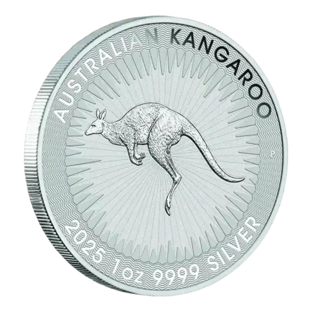 La moneta da 1 oz Canguro d'Argento 2025 mostra un canguro a metà salto con la scritta "AUSTRALIAN KANGAROO" in alto e la scritta "2025 1 OZ 9999 SILVER" in basso, su linee a raggiera che si irradiano da dietro il canguro.