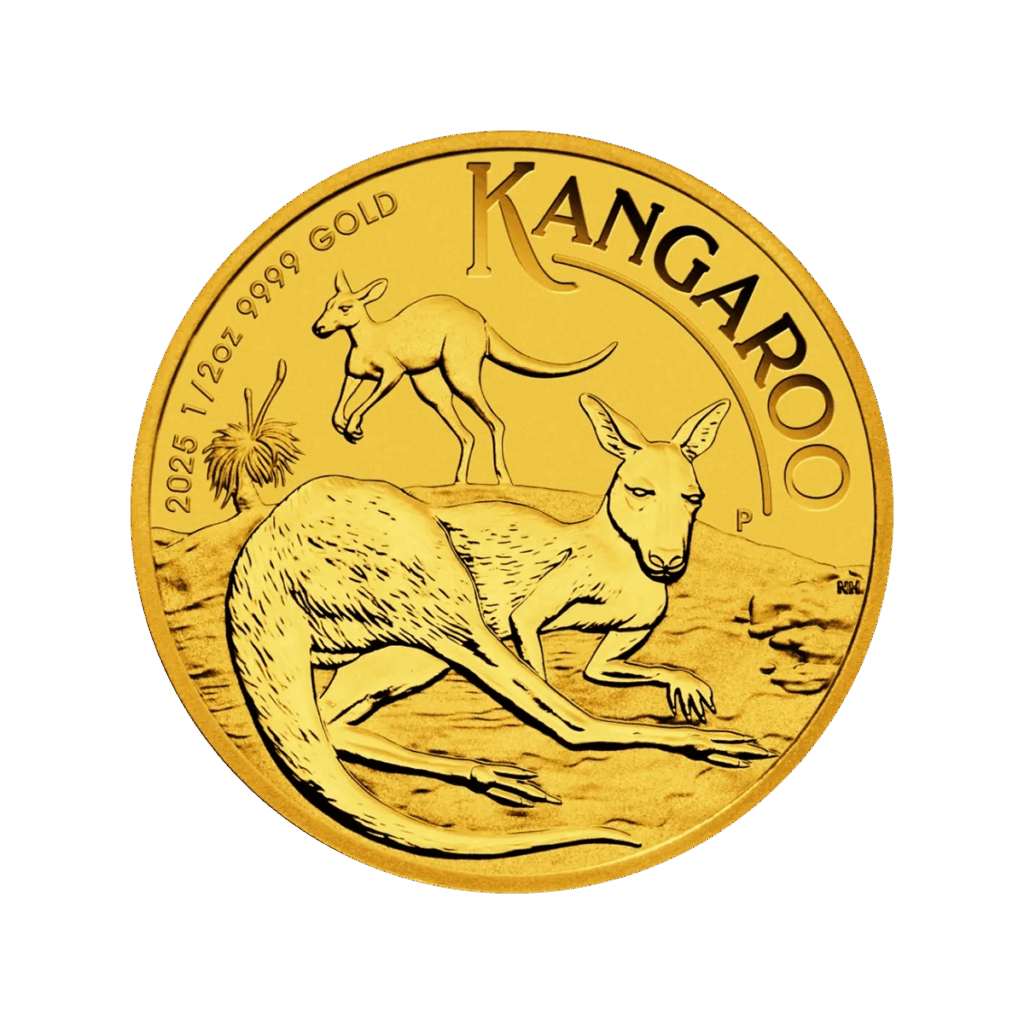Una moneta d'oro, il Canguro Oro 2025 da 1/2 oz, mostra due canguri, uno in piedi dietro e uno sdraiato davanti, con l'iscrizione KANGAROO e ORO 9999 da 1/2 oz.
