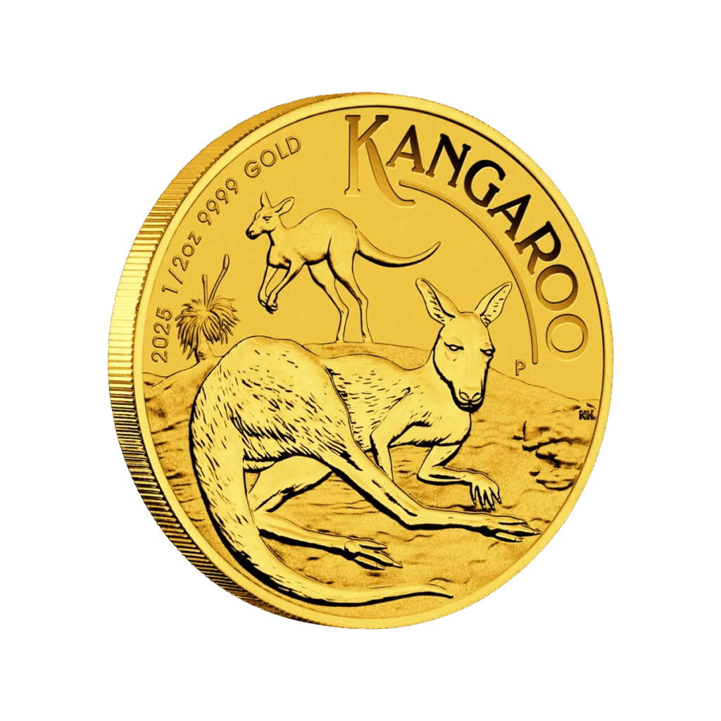 La moneta d'oro da 1/2 oz Canguro Oro 2025 presenta due canguri, uno sdraiato di fronte e uno in piedi dietro, con "KANGAROO", "2025" e "1/2 oz 9999 GOLD" incisi lungo il bordo.