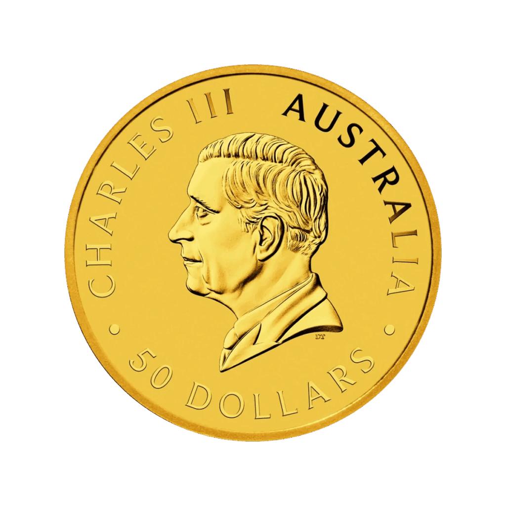 Moneta d'oro australiana da 1/2 oz Canguro Oro 2025 con re Carlo III rivolto a sinistra, CHARLES III, AUSTRALIA e 50 DOLLARI incisi sul bordo.