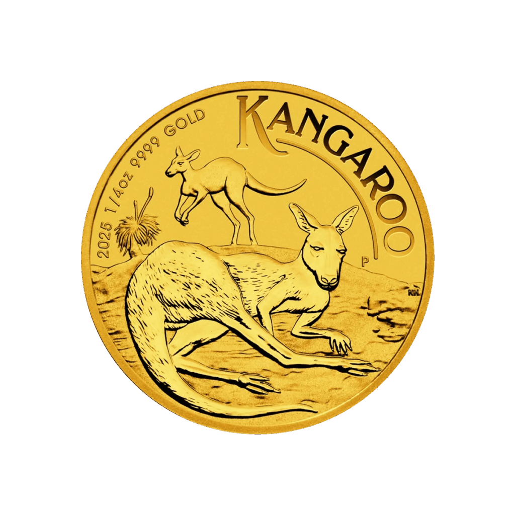 Il Canguro Oro 2025 da 1/4 di oz raffigura due canguri nell'entroterra australiano con la scritta "KANGAROO" in alto, il sole e l'erba sullo sfondo e la scritta "2025 1/4oz 9999 GOLD" sulla sinistra.