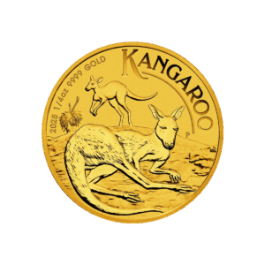 Il Canguro Oro 2025 da 1/4 di oz raffigura due canguri nell'entroterra australiano con la scritta "KANGAROO" in alto, il sole e l'erba sullo sfondo e la scritta "2025 1/4oz 9999 GOLD" sulla sinistra.