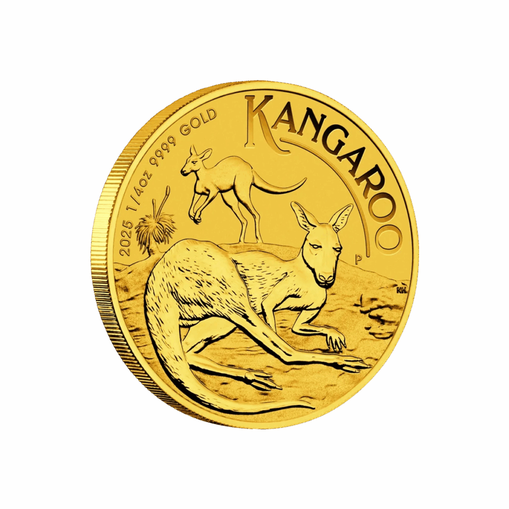 La moneta d'oro da 1/4 di oz Canguro Oro 2025 mostra due canguri, uno in piedi e uno sdraiato, con la scritta "KANGAROO" in alto, il bordo rigato e le iscrizioni "2025 1/4oz 9999 GOLD".