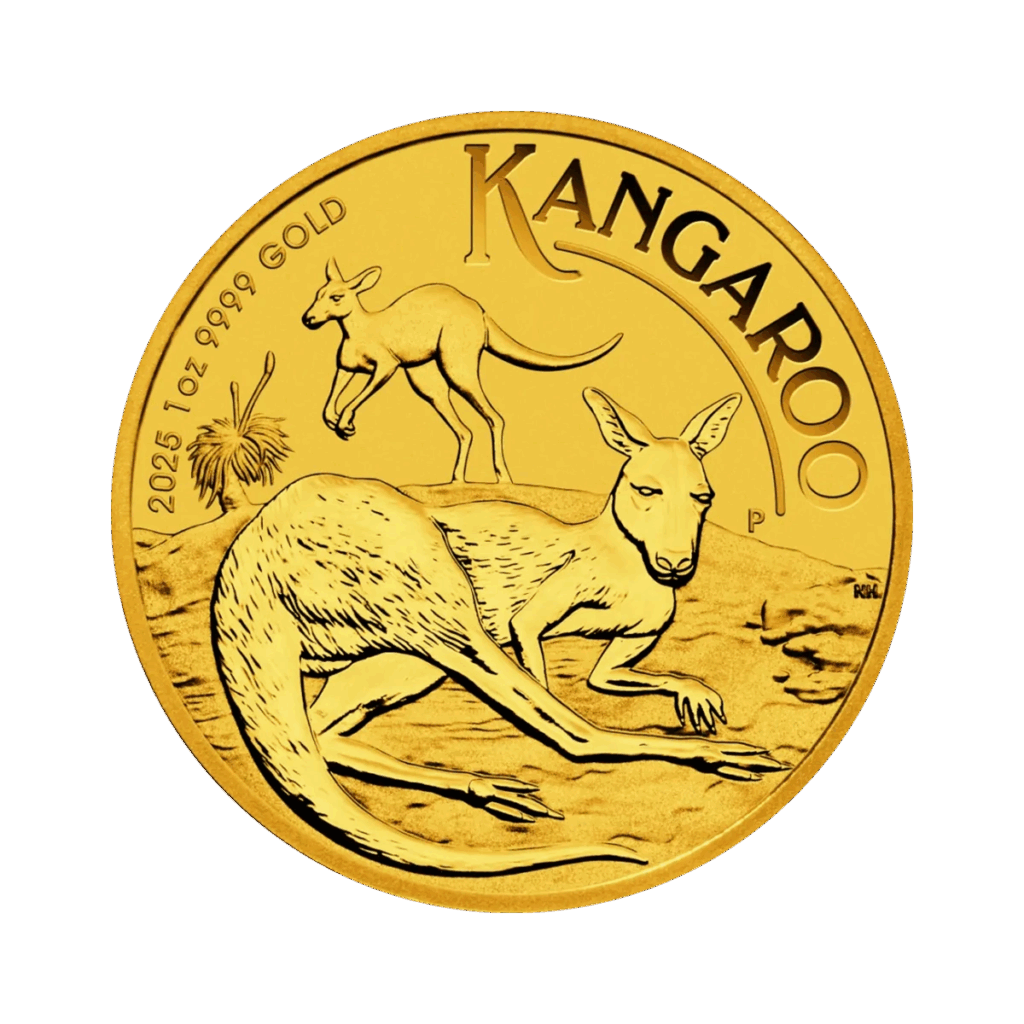La moneta da 1 oz Canguro Australiano Oro 2025 presenta due canguri, uno sdraiato e l'altro in piedi accanto a un piccolo albero, con l'iscrizione KANGAROO, 2025 1oz 9999 GOLD e una finitura in oro brillante.