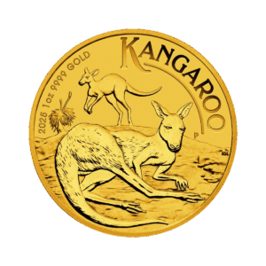 La moneta da 1 oz Canguro Australiano Oro 2025 presenta due canguri, uno sdraiato e l'altro in piedi accanto a un piccolo albero, con l'iscrizione KANGAROO, 2025 1oz 9999 GOLD e una finitura in oro brillante.