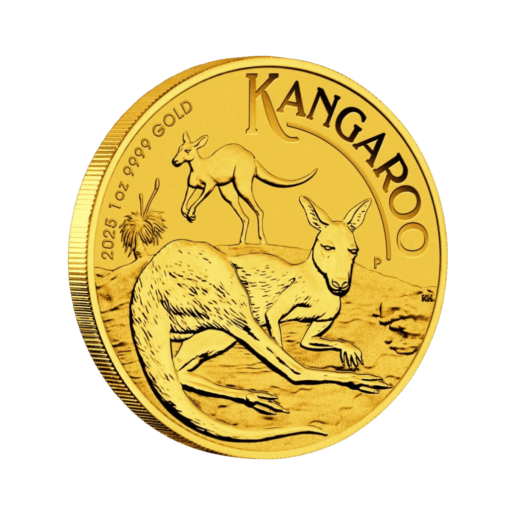 La moneta d'oro da 1 oz Canguro Australiano Oro 2025 mostra due canguri, uno in piedi e uno al pascolo, con la scritta "KANGAROO" in alto e l'iscrizione "2025 1oz 9999 GOLD" lungo il bordo.