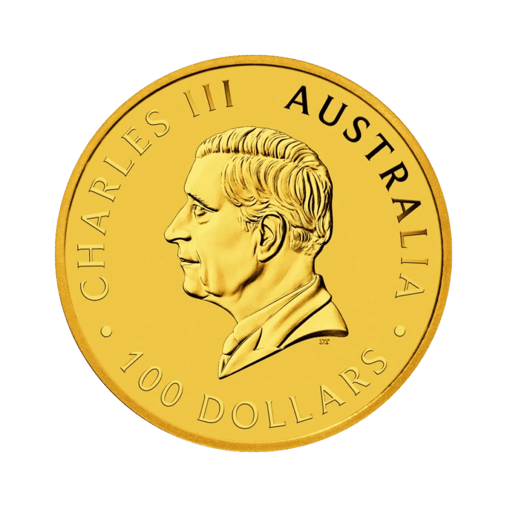 La moneta da 1 oz Canguro Australiano Oro 2025 presenta un profilo di Re Carlo III rivolto verso sinistra, con le iscrizioni CHARLES III, AUSTRALIA e 100 DOLLARS che circondano il ritratto.