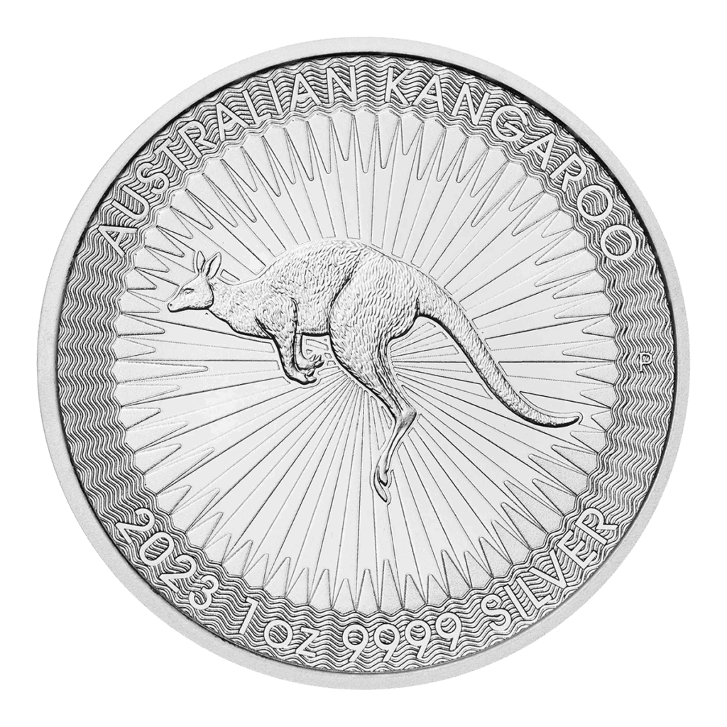 Una moneta d'argento chiamata Silver Australian Nugget presenta un canguro dettagliato a metà salto, linee di sfondo a raggiera e la scritta "AUSTRALIAN KANGAROO" e "2023 1 oz 9999 SILVER" intorno al bordo.