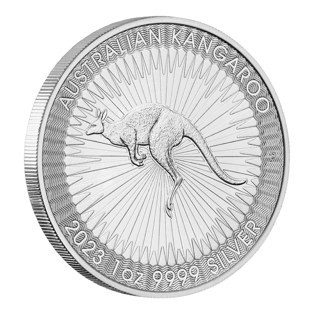 La moneta d'argento australiana mostra un canguro dettagliato al centro con linee radianti, con l'iscrizione AUSTRALIAN KANGAROO sopra e 2023 1 oz 9999 SILVER sotto.