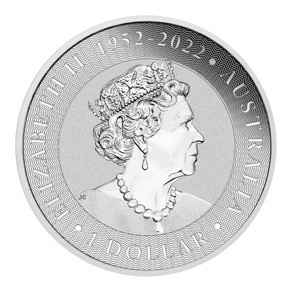 La moneta d'argento australiana mostra la regina Elisabetta II di profilo con una corona e una collana. Sul bordo è incisa la scritta ELIZABETH II 1952-2022 AUSTRALIA, mentre in basso compare la scritta DOLLAR.