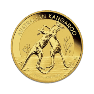 Una moneta d'oro da 1 oz Canguro Nugget Oro Anni diversi mostra due canguri che boxano, con "AUSTRALIAN KANGAROO" in alto, "1oz 9999 GOLD" e l'anno in basso, oltre a un paesaggio desertico e alberi sullo sfondo.