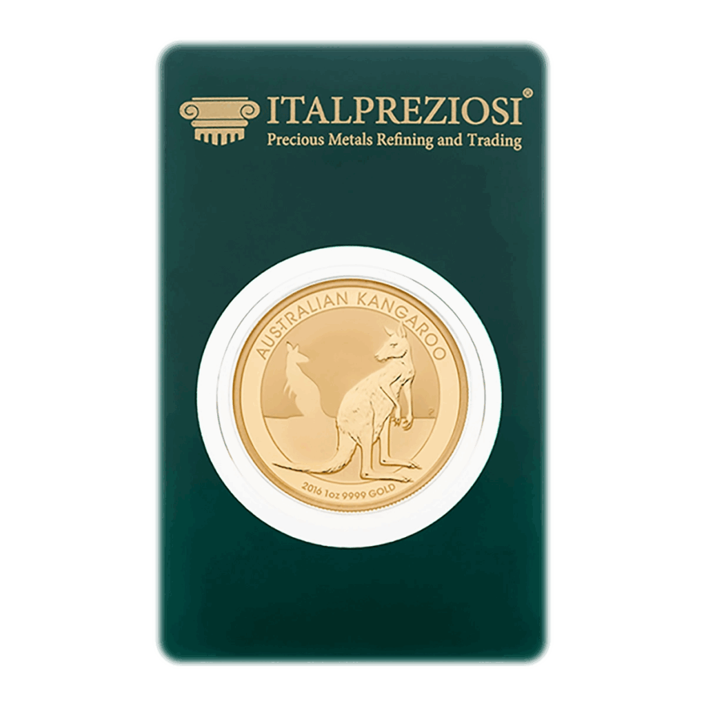 Moneta d'oro australiana Nugget in confezione protettiva, con un canguro e una sagoma più piccola. La confezione reca il marchio ITALPREZIOSI Precious Metals Refining and Trading in oro su sfondo verde scuro.