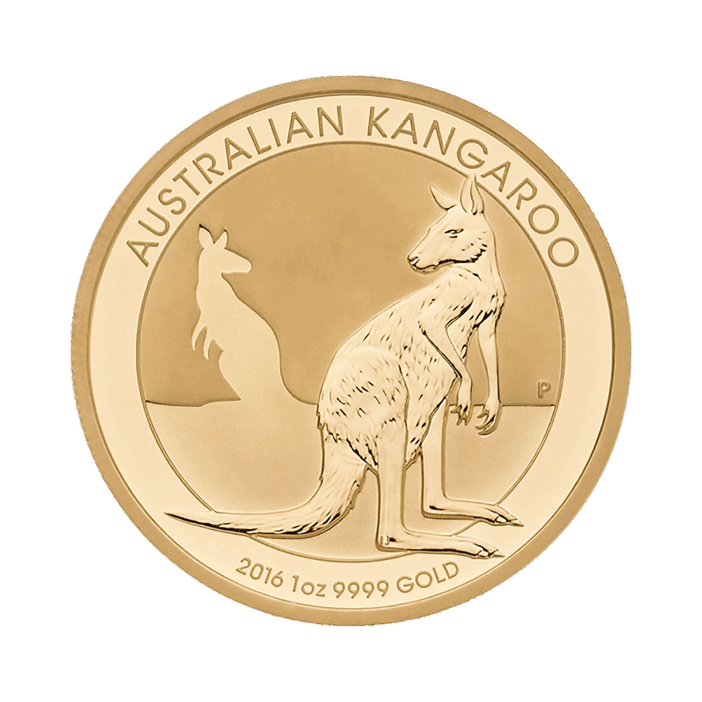 La moneta d'oro Australian Nugget mostra un canguro dettagliato davanti, una sagoma di canguro dietro, la scritta AUSTRALIAN KANGAROO sopra e l'iscrizione 2016 1oz 9999 GOLD in basso.
