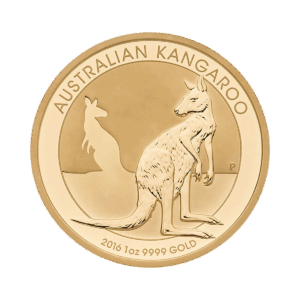 La moneta d'oro Australian Nugget mostra un canguro dettagliato davanti, una sagoma di canguro dietro, la scritta AUSTRALIAN KANGAROO sopra e l'iscrizione 2016 1oz 9999 GOLD in basso.