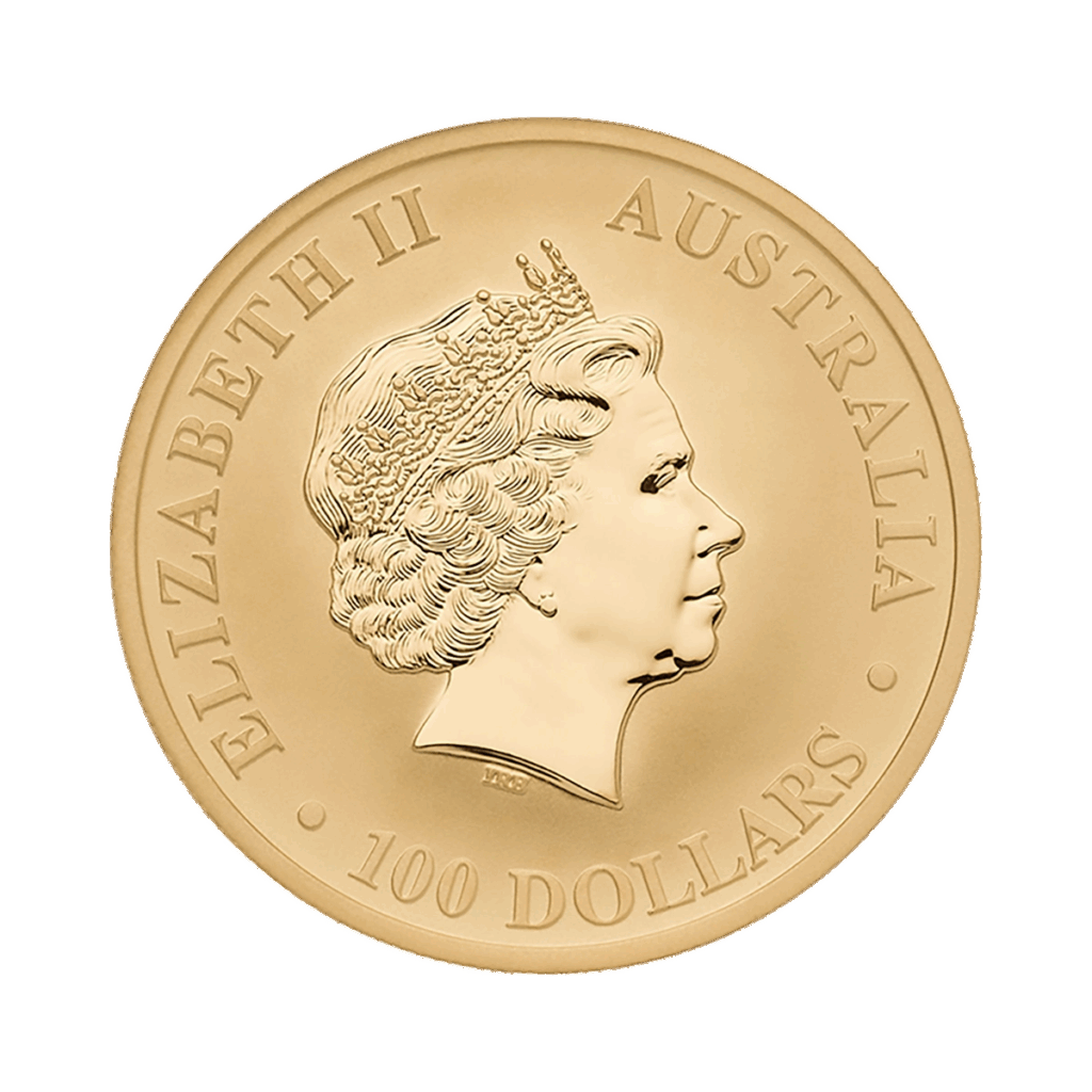 La moneta d'oro Australian Nugget presenta un ritratto di profilo della Regina Elisabetta II, con le iscrizioni "ELIZABETH II", "AUSTRALIA" e "100 DOLLARS" intorno al bordo.