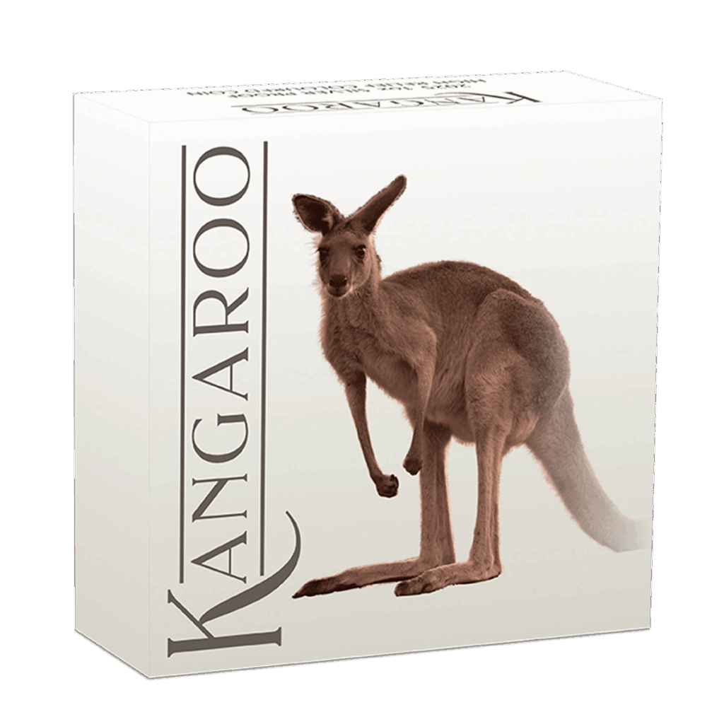 A white box with a large kangaroo image and "Australia 2025 Kangaroo 1 oz Silver Proof High Relief Coloured" printed vertically in bold, elegant letters along the left side.