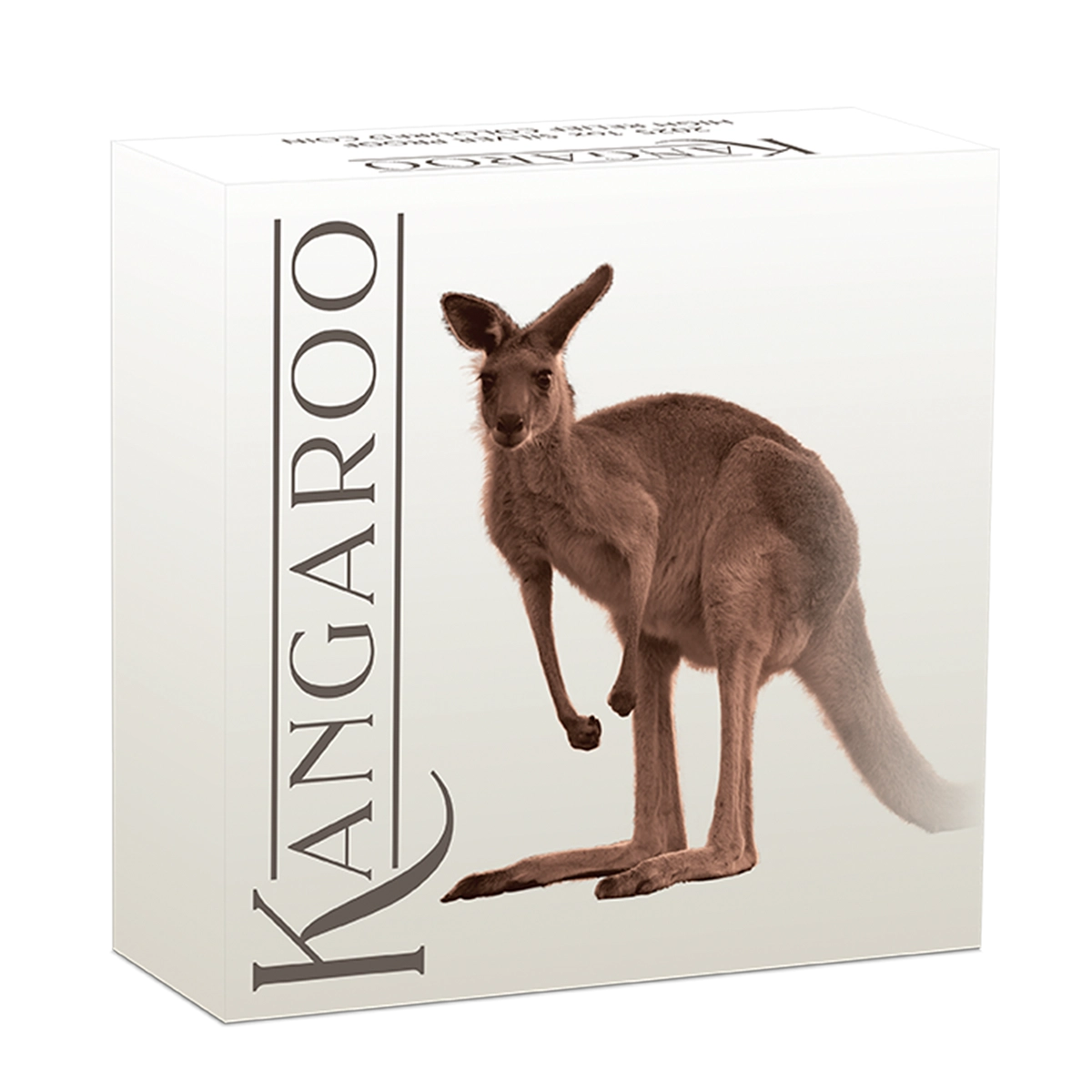Un cofanetto bianco con la scritta "Australia 2025 Canguro 1 oz Argento Proof Alto Rilievo Colorato" a caratteri cubitali, con un'immagine realistica e colorata di un canguro in posizione verticale sul fronte.