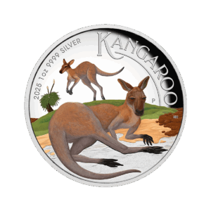 La moneta Australia 2025 Canguro 1 oz Argento Proof Alto Rilievo Colorato presenta due canguri nell'outback, con "2025 1 oz 9999 SILVER" e "KANGAROO" incisi lungo il bordo.