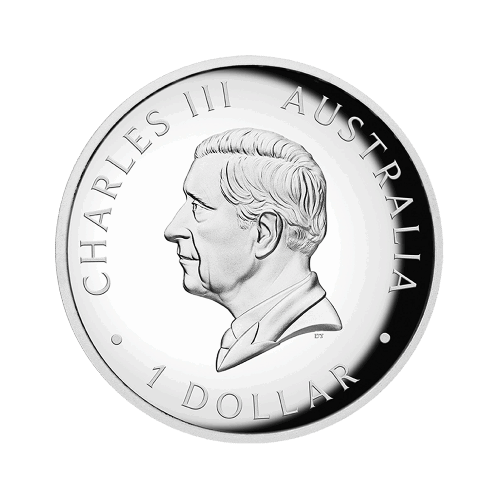 A 2025 Australian 1 oz silver proof high relief coloured Kangaroo coin featuring a left-facing portrait of King Charles III with the inscription CHARLES III AUSTRALIA 1 DOLLAR around the edge.
