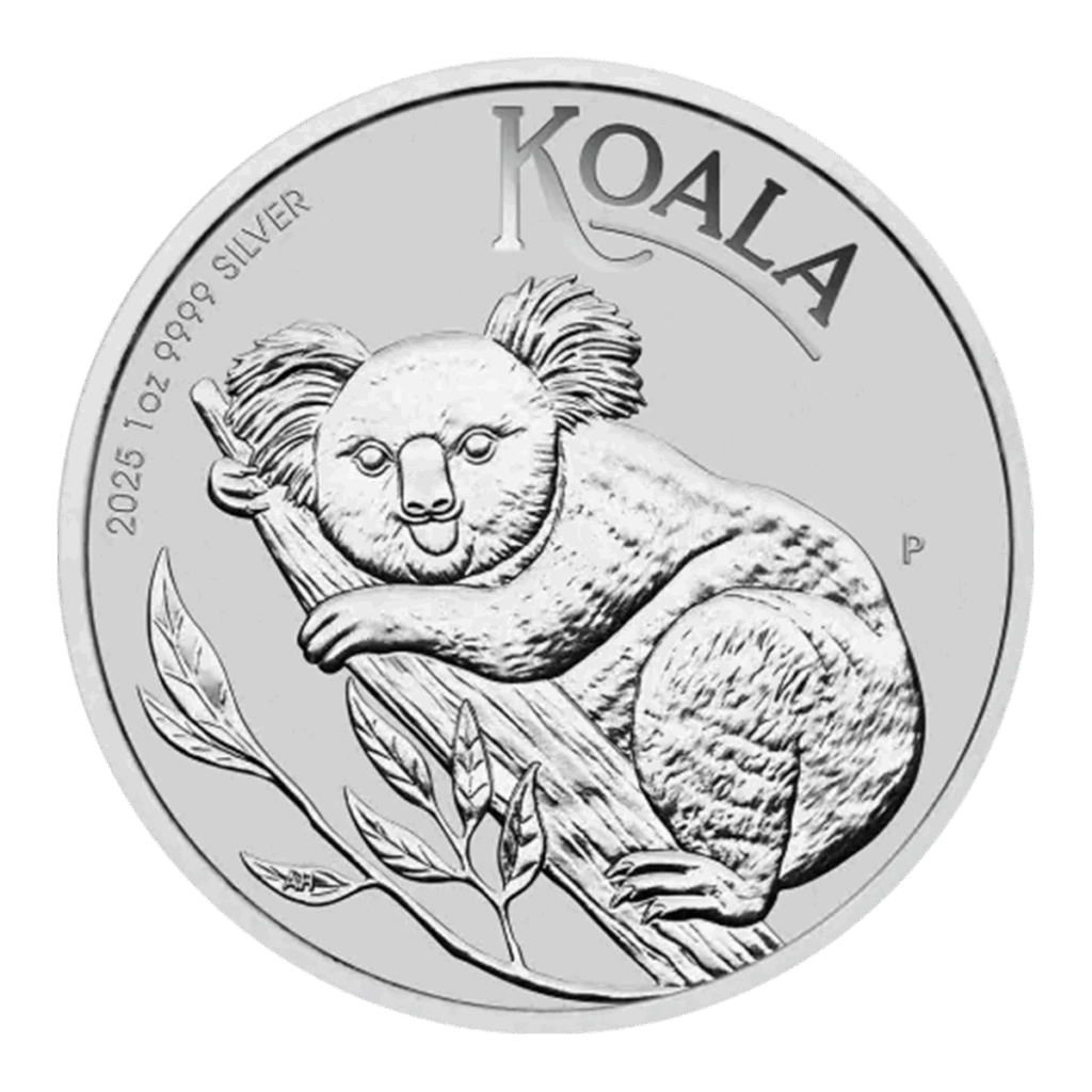 La moneta d'argento da 1 oz Koala Australiano Argento 2025 mostra un koala inciso aggrappato a un ramo d'albero con foglie, con le iscrizioni KOALA e 2025 1 OZ 9999 SILVER.