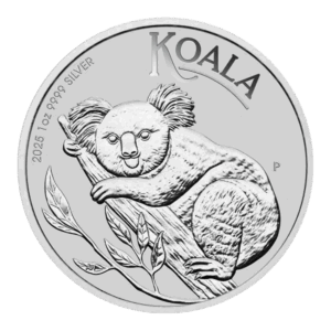 La moneta d'argento da 1 oz Koala Australiano Argento 2025 mostra un koala inciso aggrappato a un ramo d'albero con foglie, con le iscrizioni KOALA e 2025 1 OZ 9999 SILVER.