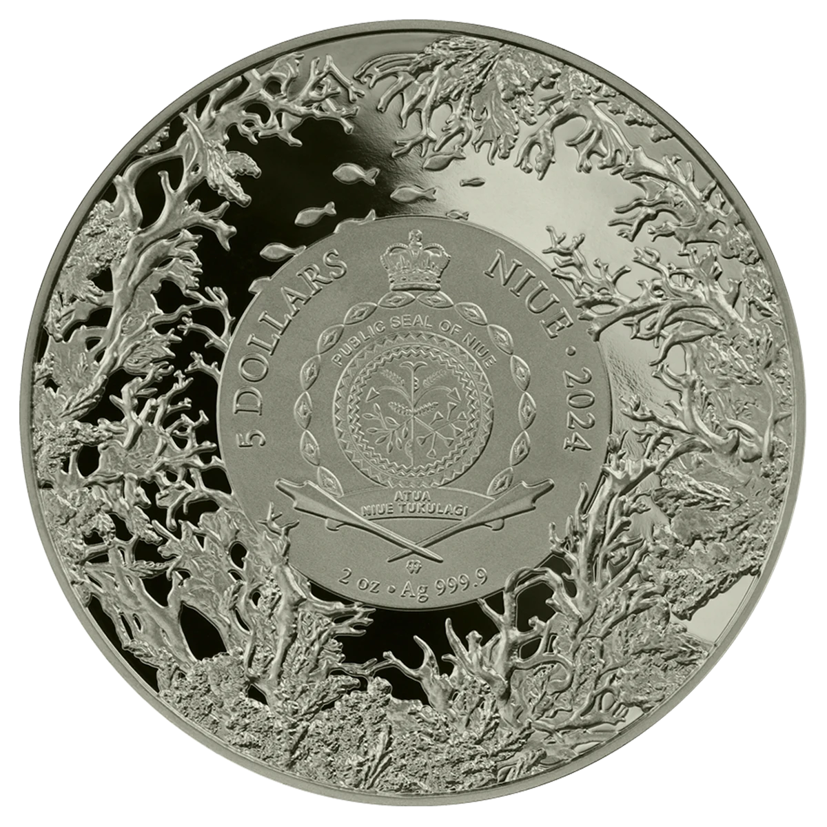 The Niue Island 2024 Betta Fish 2 oz Silver High Relief coin features detailed coral reef designs on the rim, an official seal with inscriptions at the center, a face value of 5 dollars, and is dated 2024.