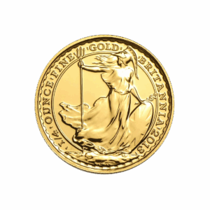 Una moneta d'oro da 1/4 di oz, la Britannia Oro Anni misti, raffigura la Britannia con tridente e scudo in vesti fluenti.