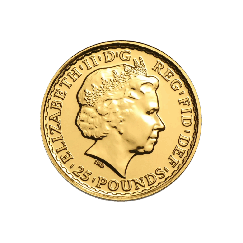 La moneta d'oro Britannia Oro Anni misti da 1/4 di oz mostra la Regina Elisabetta II di profilo che indossa una corona, circondata da iscrizioni e dal valore 25 POUNDS in basso, su sfondo bianco.