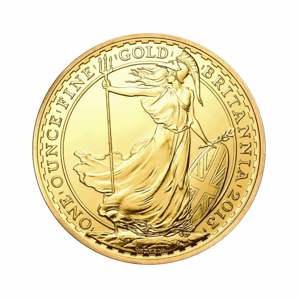 La moneta d'oro da 1 oz Britannia Oro Anni misti raffigura Britannia con tridente e scudo, circondata dall'iscrizione "ONE OUNCE FINE GOLD BRITANNIA 2015".