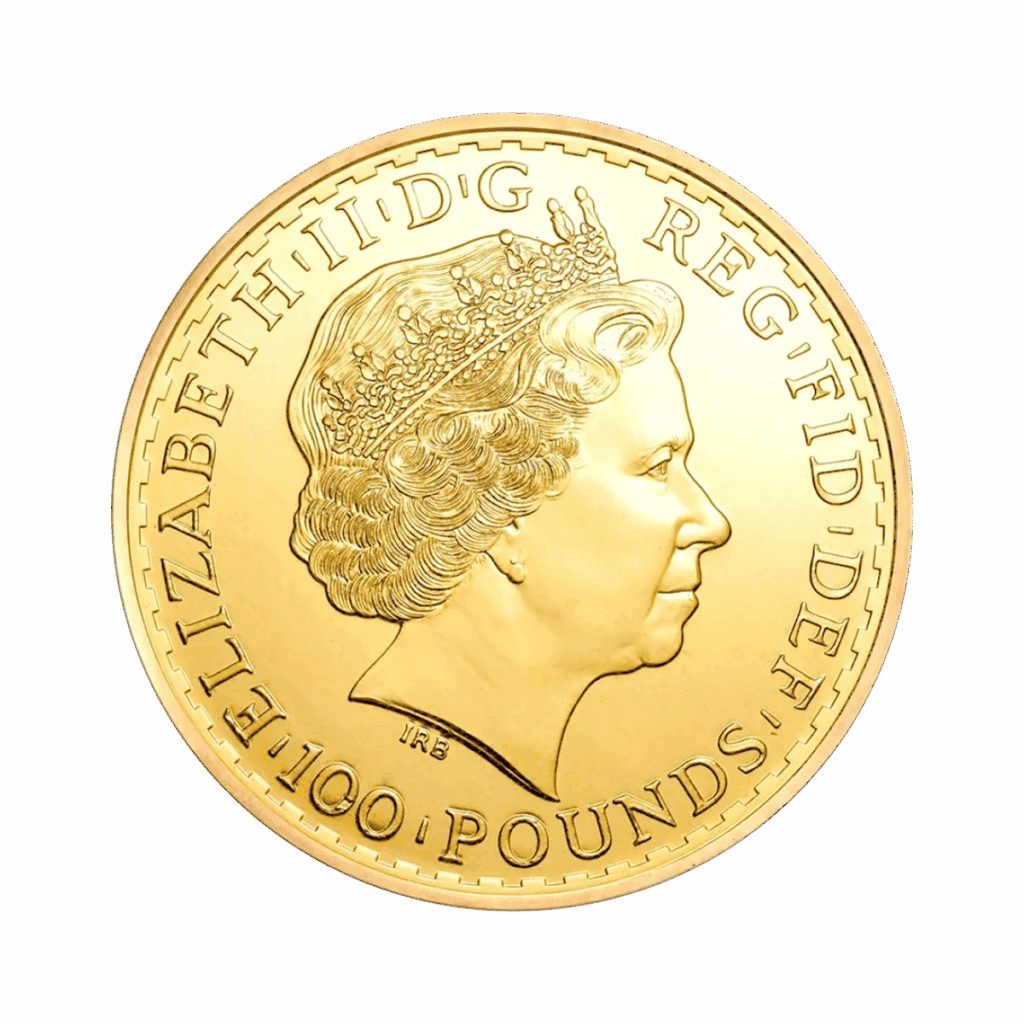 Un primo piano della moneta d'oro da 1 oz Britannia Oro Anni misti mostra il profilo coronato della Regina Elisabetta II, le iscrizioni lungo il bordo e la denominazione 100 POUNDS in basso.