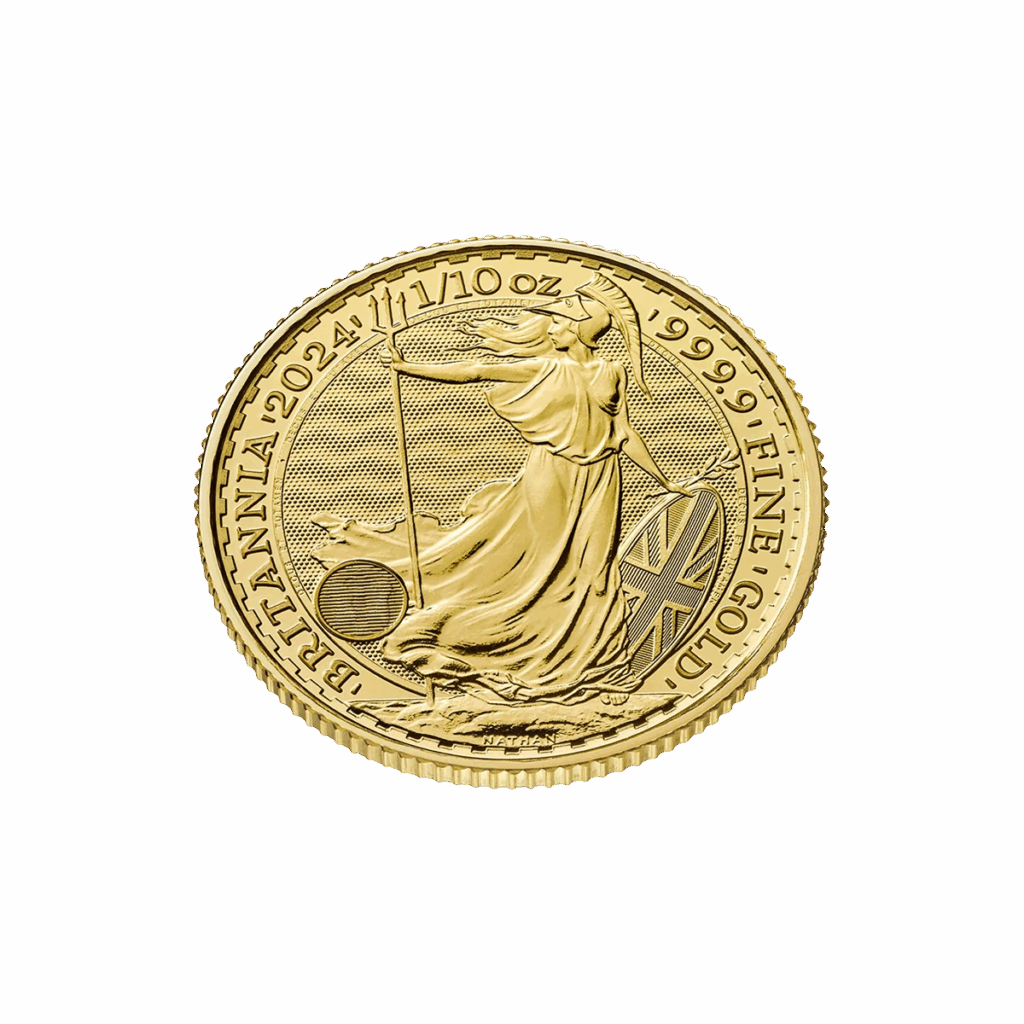 La moneta da 1/10 oz Britannia Oro 2025 - Re Carlo III presenta Britannia con tridente e scudo, con l'iscrizione BRITANNIA 2025 1/10 oz 999.9 FINE GOLD, mostrata in dettaglio su sfondo bianco.