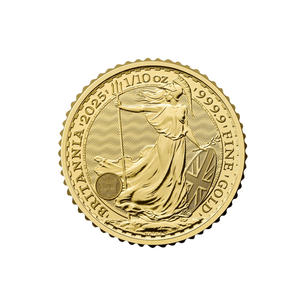La moneta da 1/10 oz Britannia Oro 2025 - Re Carlo III mostra la Britannia con tridente e scudo, con l'iscrizione "BRITANNIA 2025 1/10 oz 999.9 FINE GOLD" intorno al bordo.