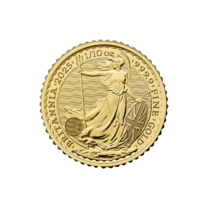 La moneta da 1/10 oz Britannia Oro 2025 - Re Carlo III mostra la Britannia con tridente e scudo, con l'iscrizione "BRITANNIA 2025 1/10 oz 999.9 FINE GOLD" intorno al bordo.