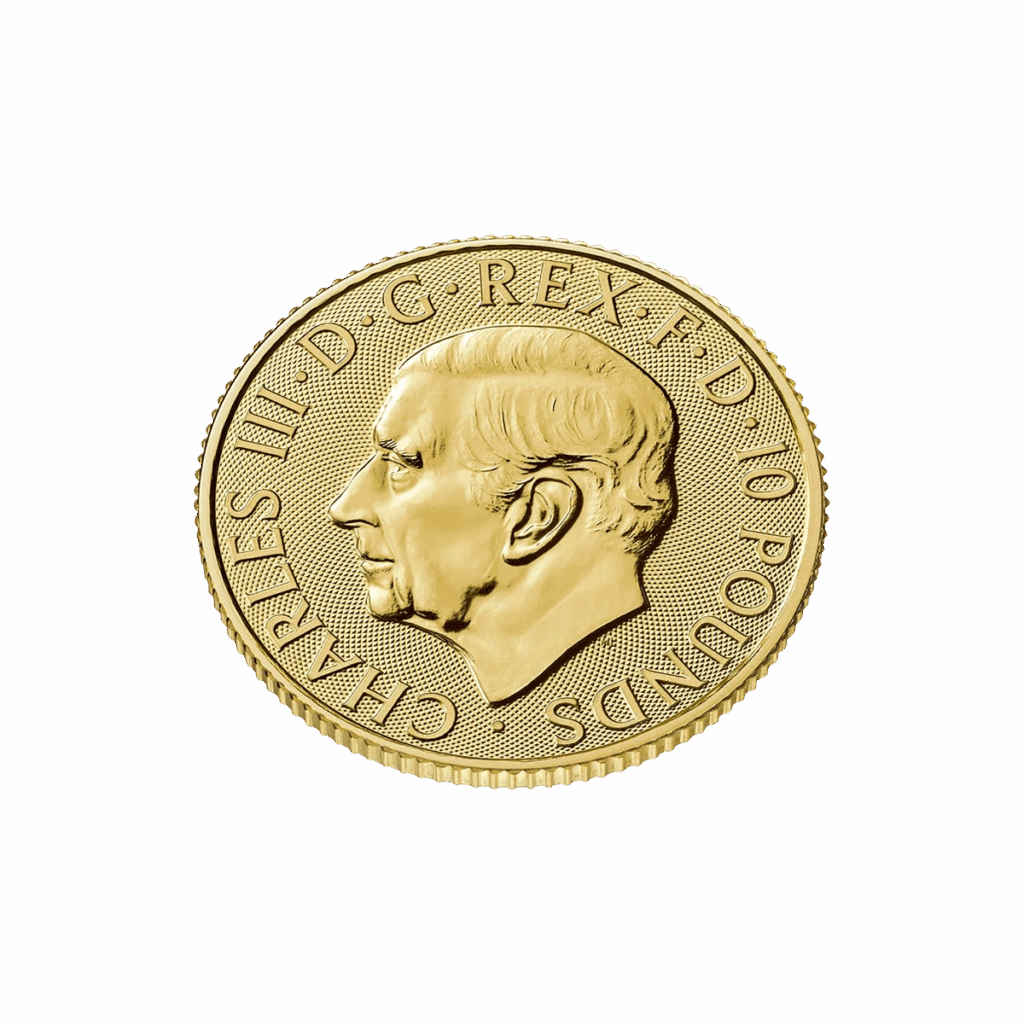 Moneta d'oro da 1/10 oz Britannia Oro 2025 con il profilo di Re Carlo III rivolto a sinistra e l'iscrizione "CHARLES III D G REX F D 10 POUNDS" su sfondo bianco.