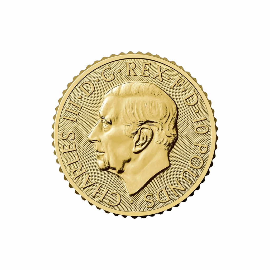 Moneta da 1/10 oz Britannia Oro 2025 con il profilo di Re Carlo III rivolto a sinistra e l'iscrizione "CHARLES III D G REX F D 50 POUNDS" su sfondo bianco.