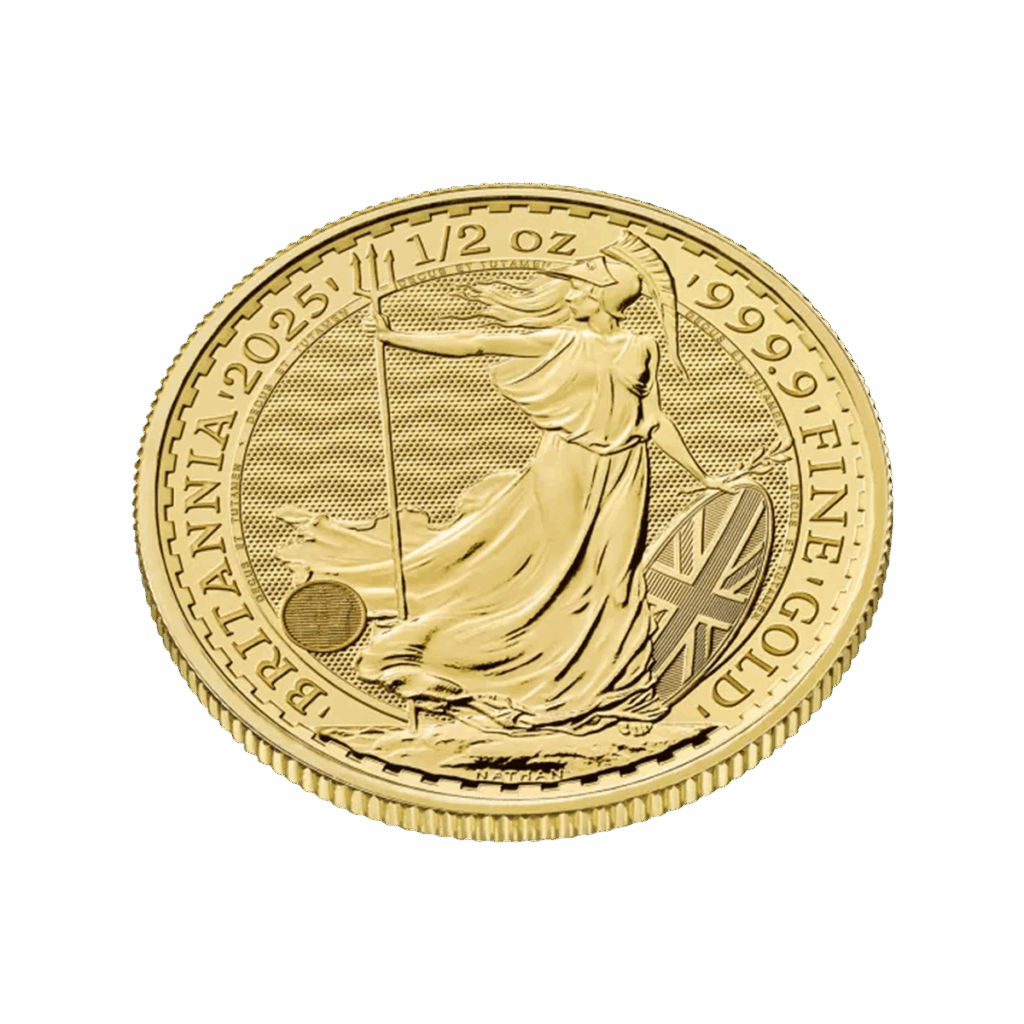 La moneta da 1/2 oz Britannia Oro 2025 - Re Carlo III presenta Britannia con tridente e scudo, un'incisione dettagliata, uno sfondo testurizzato ed è orlata dalla scritta "BRITANNIA 2025 1/2 oz 999.9 FINE GOLD".